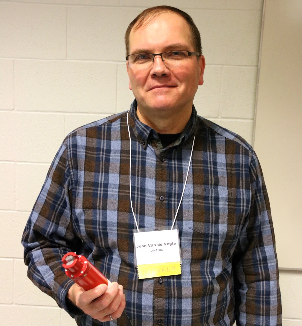 John Van de Vegte with one of the sensors being used on farms.  Photo: John Greig