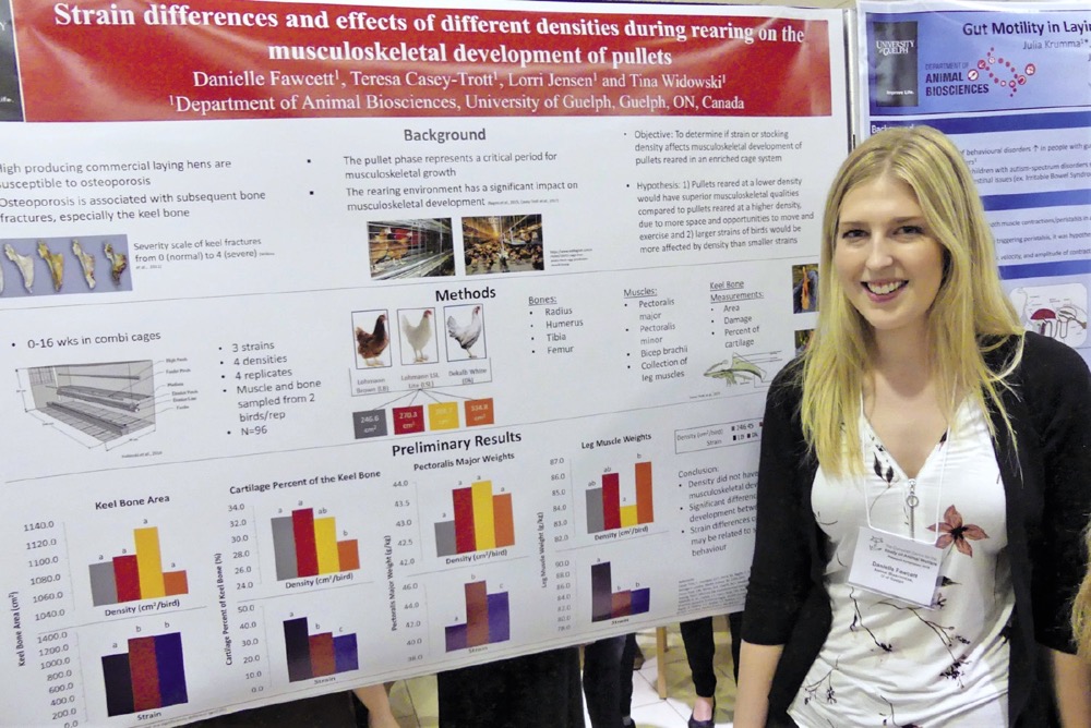 Danielle Fawcett explains her Master’s degree study into the effect on keel bone development in pullets raised in varying housing densities. She presented her findings during the Poster Presentation section of the 11th annual Research Symposium of the University of Guelph’s Campbell Centre for the Study of Animal Welfare.