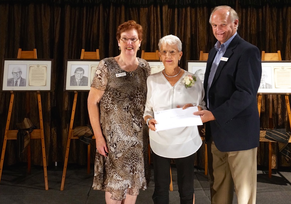 George Campbell nominated the late William Harvey Beaty to the Hall of Fame and represented the family at the event. He is shown here with OAHF president Carolyn Fuerth and past president John Kikkert.