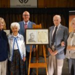 Inductee Gordon Clifford Leitch's family (from left) Jean Vander Ploeg (grand daughter of Gordon Leitch), Ann Abraham (daughter of Gordon Leitch), Jack Leitch (son of Gordon Leitch), Mary Bain (grand daughter of Gordon Leitch). Back row – Robert Flack, President & CEO, Masterfeeds Inc. (nominator of Gordon Leitch to OAHF).