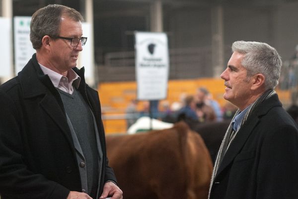P.E.I. Transportation Minister Alan McIsaac and John Jamieson of the P.E.I. Federation of Agriculture on Thursday announced a new one-time registration option for farm trucks’ plates. (Government of P.E.I. photo by Brian Simpson)
