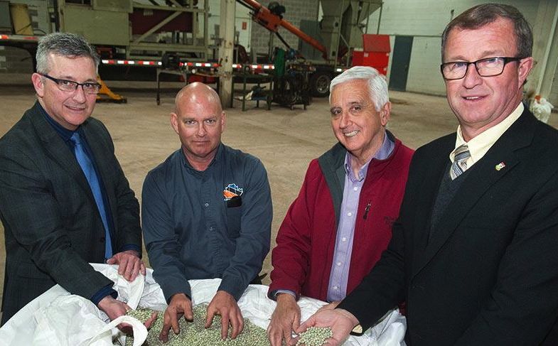 Provincial Economic Development Minister Heath MacDonald, W.A. Grain’s Chris Chivilo, Rural Development Minister Pat Murphy and Agriculture Minister Alan McIsaac (l-r) announced plans for Summerside’s former Old Dutch plant on March 8. (PrinceEdwardIsland.ca)
