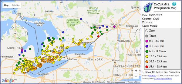 CoCoRaHS’s map of precipitation over southern Ontario and Quebec for May 5, 2017. (Cocorahs.org)
