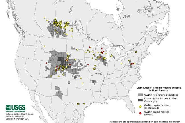 The U.S. National Wildlife Health Center and U.S. Geological Survey in November 2017 produced this map of CWD’s current distribution in North America. (NWHC.usgs.gov)
