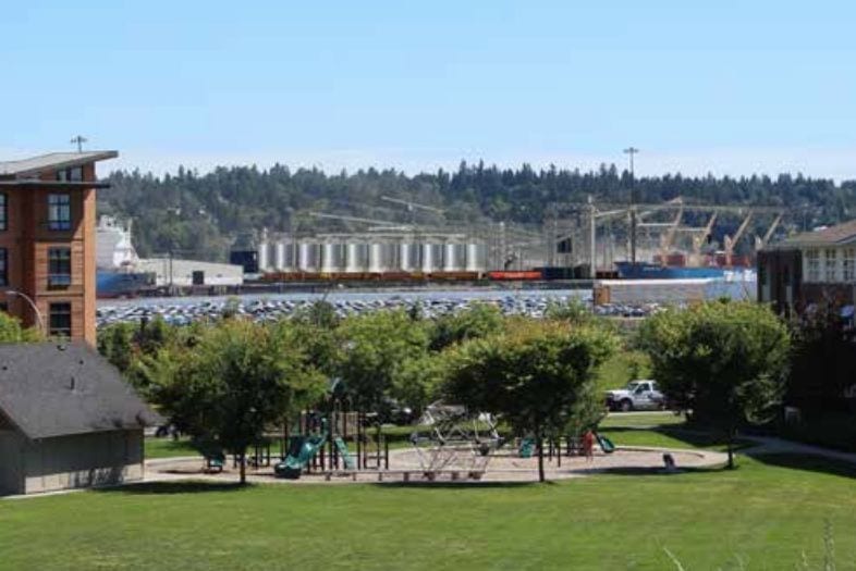A photo simulation of the proposed new Fraser Grain Terminal from Port Royal Park in New Westminster looking southeast. (FraserGrainTerminal.ca)
