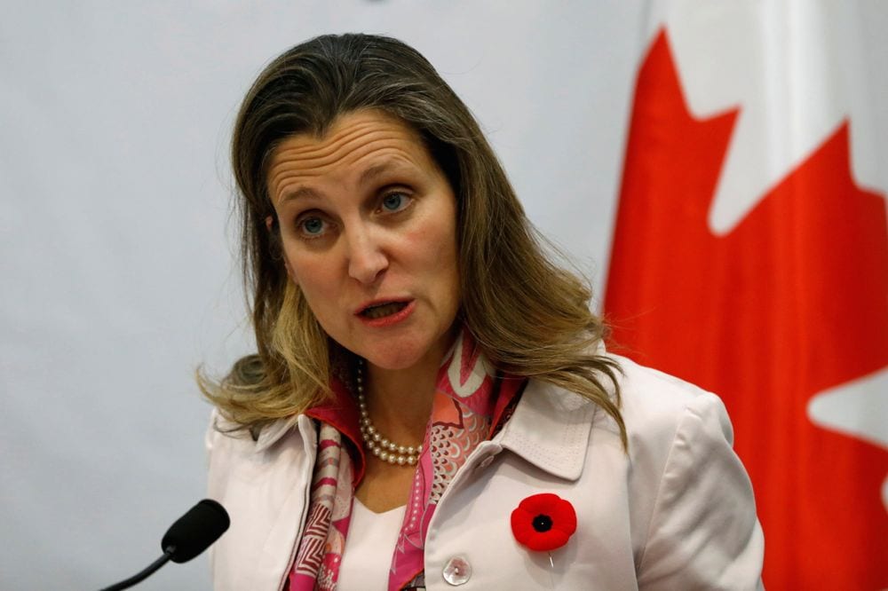 Foreign Minister Chrystia Freeland, shown here Nov. 1 at a press conference in the occupied West Bank, says Canada’s objective remains getting to a Friday signing for the USMCA. (Photo: Reuters/Mohamad Torokman)
