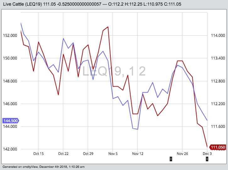 CME August 2019 live cattle (red) and January 2019 feeder cattle (blue). (Barchart)

