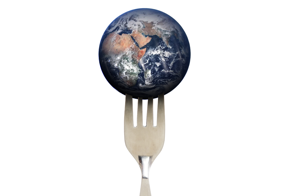 Blue planet earth with fork, isolated on white background, environmental and food concept. Elements of this image are furnished by NASA