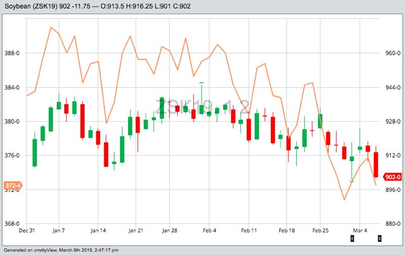 CBOT May 2019 soybeans, with May corn in orange. (Barchart)
