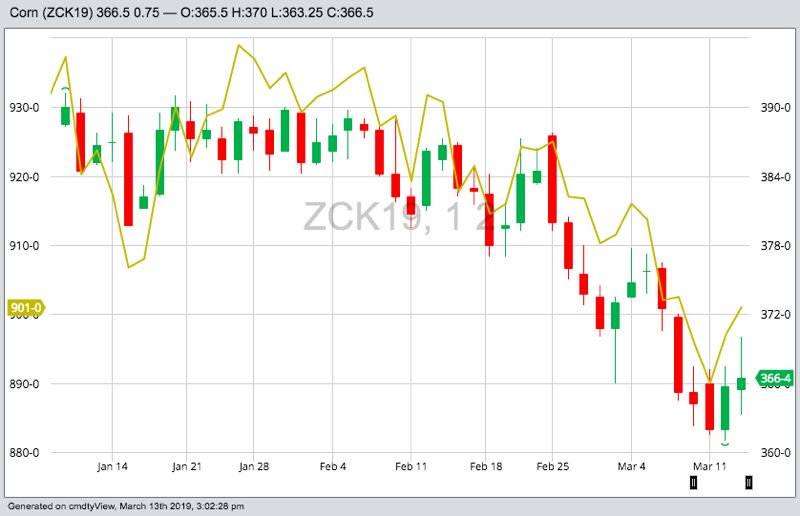 CBOT May 2019 corn, with May 2019 soybeans in yellow. (Barchart)
