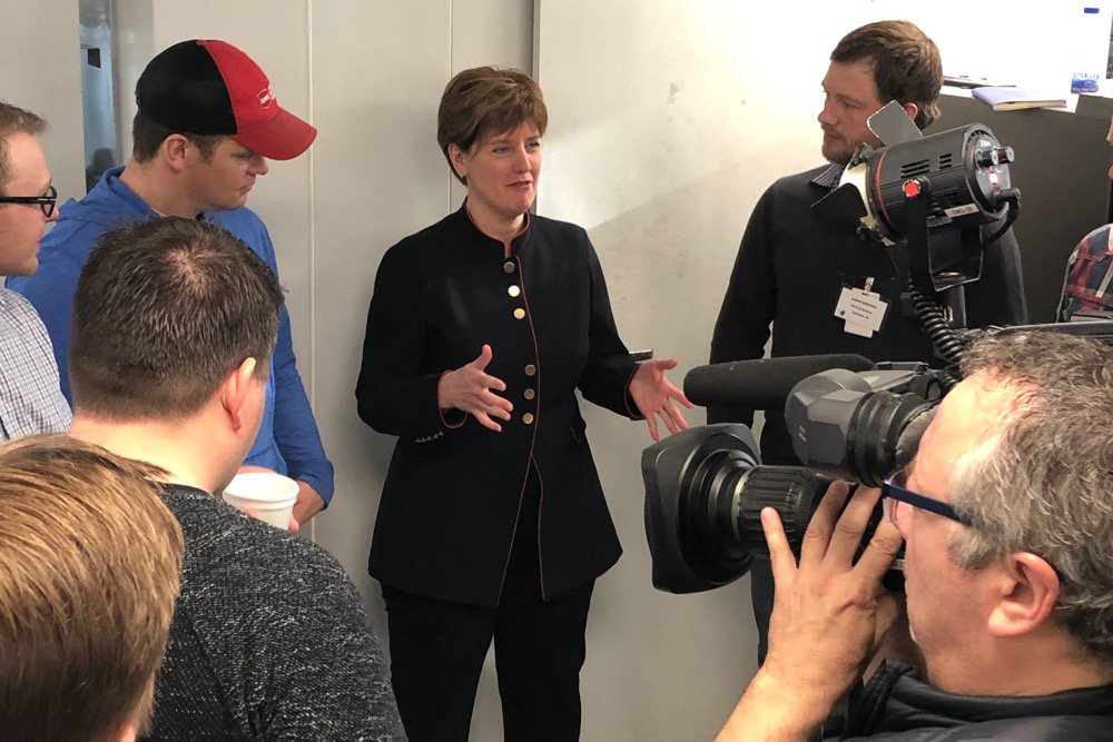 Agriculture Minister Marie-Claude Bibeau, shown here visiting Cigi in Winnipeg on March 13, said a third unnamed canola exporter has run afoul of Chinese customs officials. (Dave Bedard photo)
