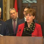 Agriculture Minister Marie-Claude Bibeau announces expansion of the federal Advance Payments Program in Ottawa on May 1, 2019, flanked by Trade Diversification Minister Jim Carr (l) and his fellow Winnipeg MPs Dan Vandal, Robert Falcon-Ouellette and Terry Duguid. (Video screengrab from Agriculture and Agri-Food Canada via Facebook Live)