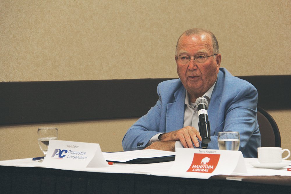 Manitoba’s agriculture minister Ralph Eichler, shown here at an Aug. 27 pre-election forum hosted by the Manitoba Farm Writers and Broadcasters Association, easily held his riding of Lakeside in the Sept. 10 provincial election. (Manitoba Co-operator photo by Geralyn Wichers)
