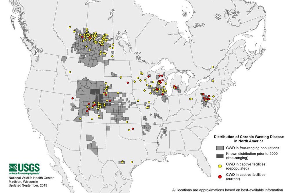 The U.S. National Wildlife Health Center and U.S. Geological Survey produce this map of CWD’s current distribution in North America. The version shown here is current to Sept. 9, 2019. (NWHC.usgs.gov)
