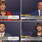 From top left: Marie-Claude Bibeau, Liberal Party of Canada, Luc Berthold, Conservative Party of Canada, Alistair MacGregor, New Democratic Party of Canada, and Kate Storey, Green Party of Canada.