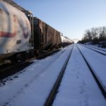 A CN freight train remains halted as train tracks are blocked two km away at Tyendinaga, Ont., east of Belleville, on Feb. 14, 2020.