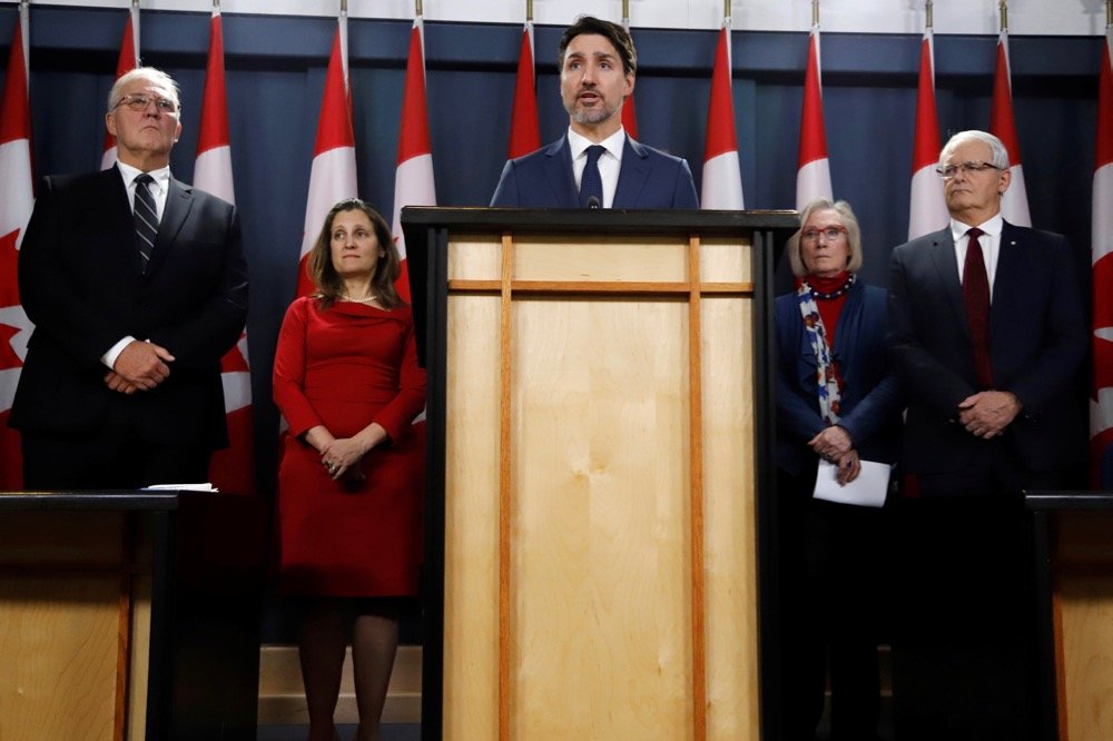 Canada’s Prime Minister Justin Trudeau speaks to media, flanked by (l-r) Public Safety Minister Bill Blair, Deputy Prime Minister Chrystia Freeland, Minister of Crown-Indigenous Relations Carolyn Bennett and Transport Minister Marc Garneau in Ottawa on Feb. 21, 2020. (Photo: Reuters/Patrick Doyle)
