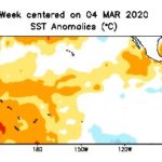 Sea surface temperature anomalies (°C) over the tropical Pacific for the week centred on March 4, 2020. (CPC.ncep.noaa.gov)