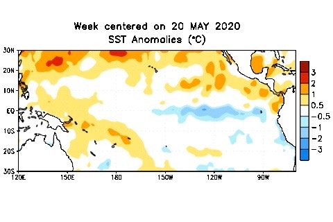 Sea surface temperature anomalies on the tropical Pacific Ocean for the week centred on May 20, 2020. (CPC.ncep.noaa.gov)
