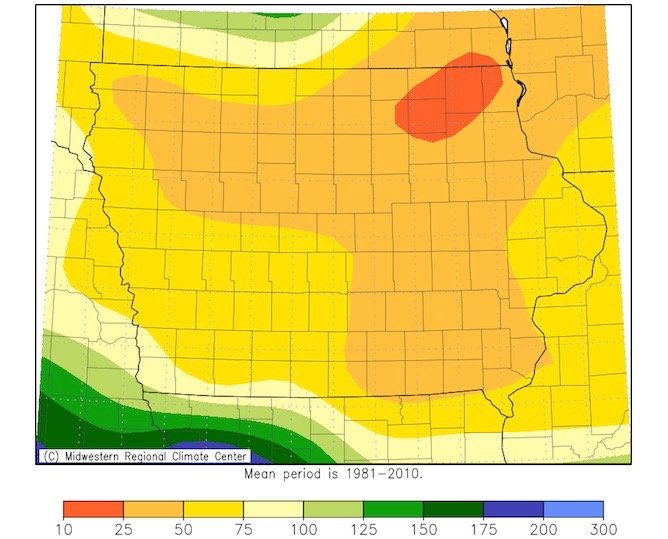 Iowa’s accumulated precipitation as a percentage of mean (1981-2010) for the period July 20 to Aug. 18, 2020. (Iowa Department of Agriculture and Land Stewardship map)
