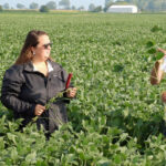 Don Kabbes, general manager of Great Lakes Grain (at right) checks out a soybean plant during the Great Lakes Grain crop tour. Also shown (from left) are Laura Kroeker and Rachel Duesbury.