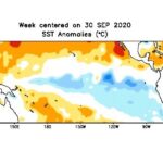Sea surface temperature (SST) anomalies over the southern Pacific for the week centred on Sept, 30, 2020. (CPC.ncep.noaa.gov)
