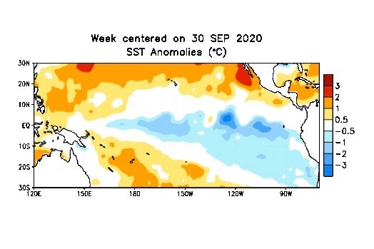 Sea surface temperature (SST) anomalies over the southern Pacific for the week centred on Sept, 30, 2020. (CPC.ncep.noaa.gov)
