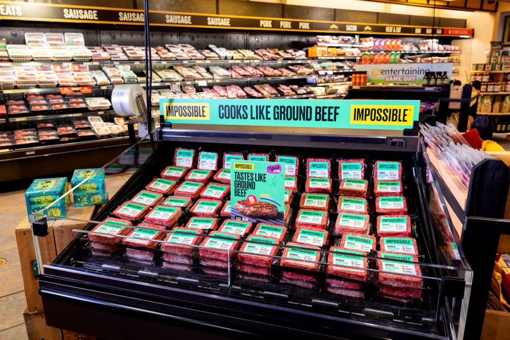 U.S.-based Impossible Foods, whose Impossible Burger is shown here on display at U.S. grocery chain Wegmans, launched the product at Canadian retail in late October 2020, selling exclusively at Sobeys stores until February 2021. (ImpossibleFoods.com)
