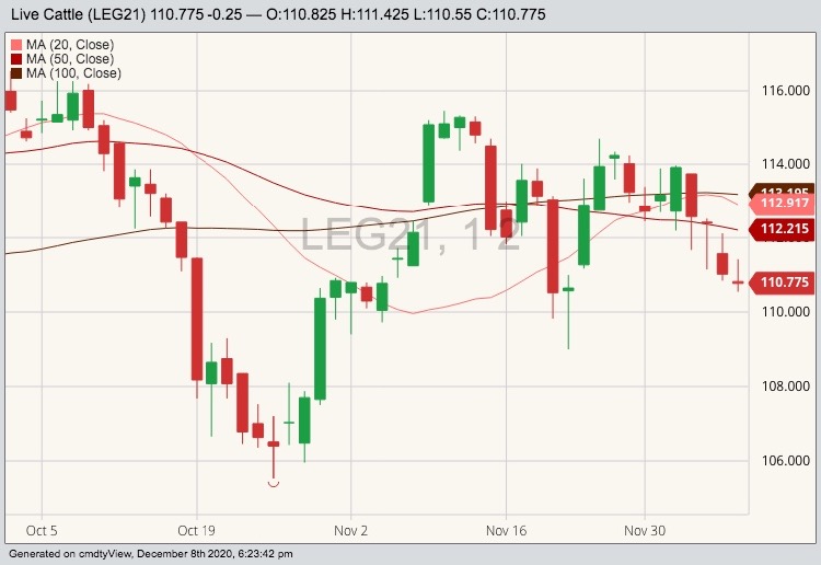 CME February 2021 live cattle with 20-, 50- and 100-day moving averages. (Barchart)

