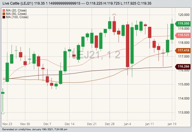 CME April 2021 live cattle with 20-, 50- and 100-day moving averages. (Barchart)
