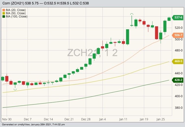CBOT March 2021 corn with 20-, 50- and 100-day moving averages. (Barchart)
