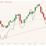 CME June 2021 live cattle (candlesticks) with 20-, 50- and 100-day moving averages (pink, brown, red lines) and August 2021 feeder cattle (black line). (Barchart)
