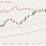 CME August 2021 lean hogs (candlesticks) with 20-, 50- and 100-day moving averages (pink, brown and black lines) and August 2021 live cattle (dark red open/high/low/close). (Barchart)