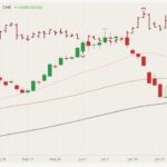 CME August 2021 lean hogs (candlesticks) with 20-, 50- and 100-day moving averages (pink, brown and black lines) and August 2021 live cattle (dark red open/high/low/close). (Barchart)