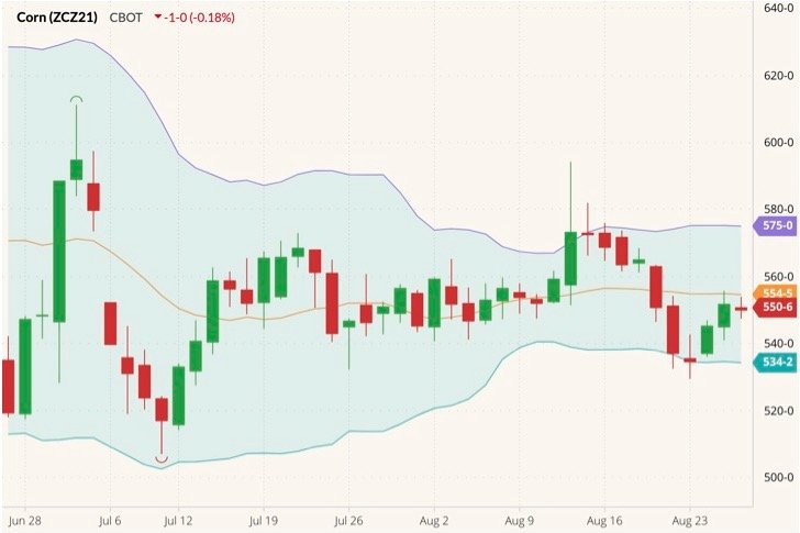 CBOT December 2021 corn (candlesticks) with Bollinger bands (20,2). (Barchart)
