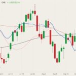 CME October 2021 lean hogs (candlesticks) with 20-, 50- and 100-day moving averages (pink, brown and black lines) and lean hog cash index (blue line, left column). (Barchart)