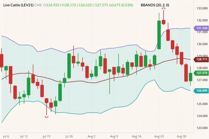 CME October 2021 live cattle (candlesticks) with Bollinger bands (20,2). (Barchart)
