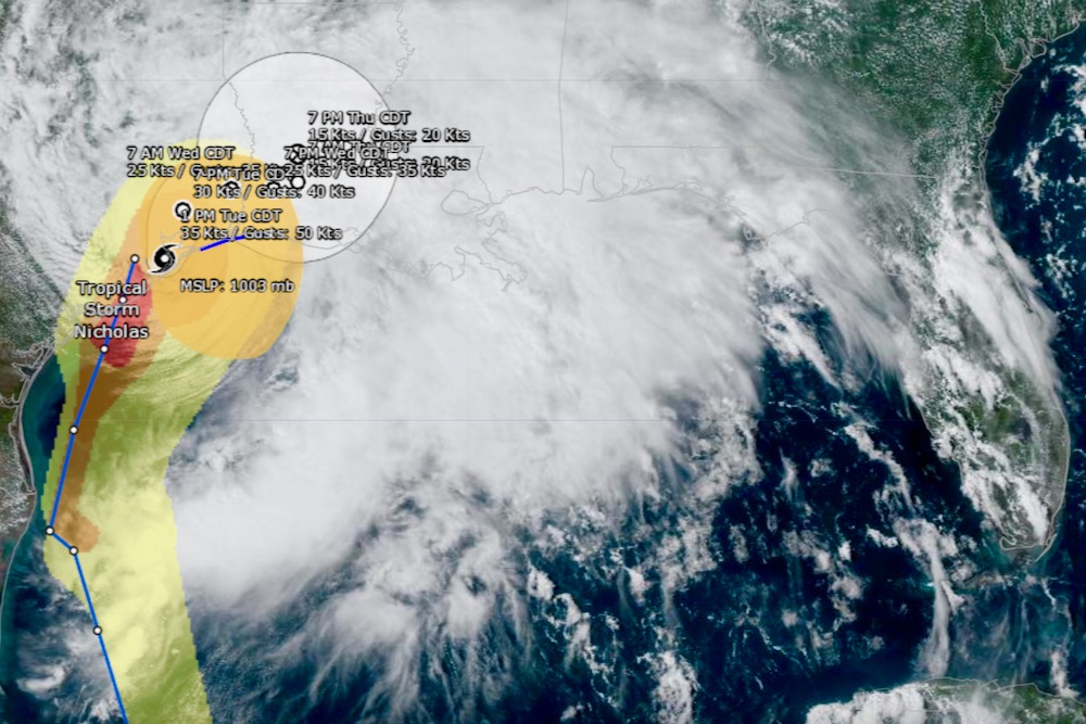 Tropical Storm Nicholas in the Gulf of Mexico on Sept. 14, 2021. (Nesdis.noaa.gov)
