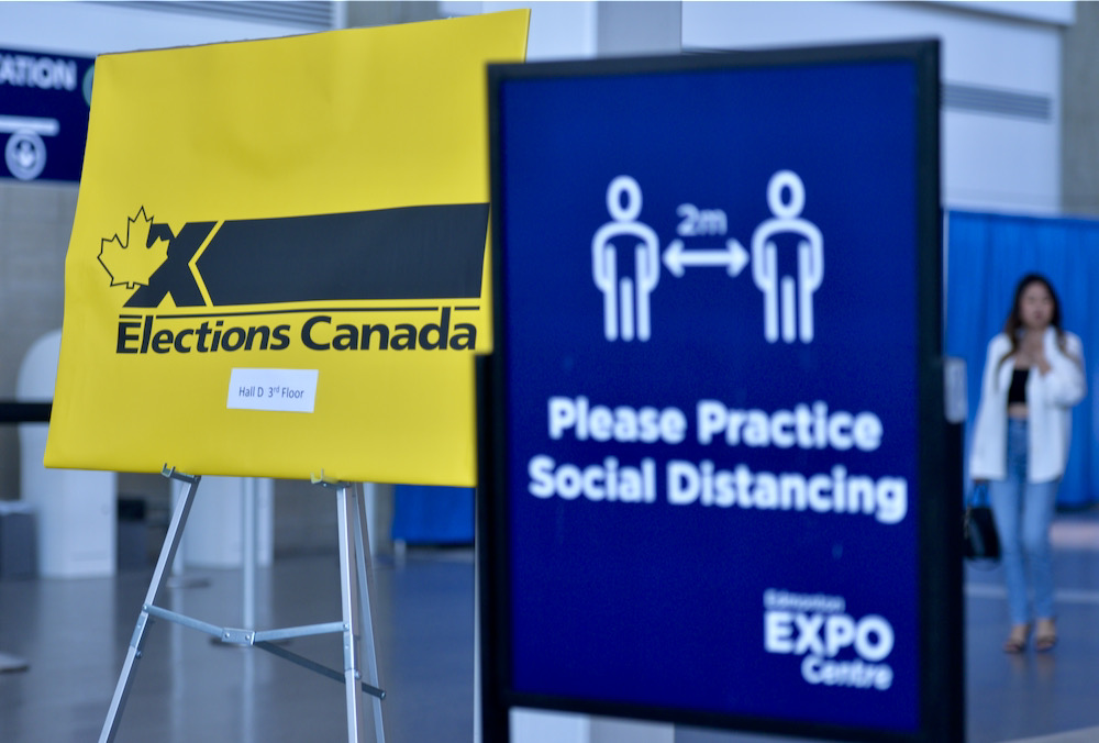 An election Canada sign is shown during a recent game at the Edmonton Expo Centre. 