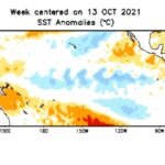 Sea surface temperature anomalies over the Pacific Ocean in degrees Celsius for the week centred on Oct. 13, 2021. (CPC.ncep.noaa.gov)