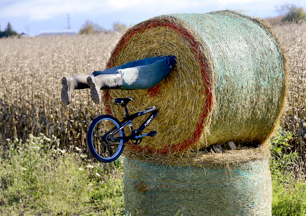 Bicycles and bales don’t mix along 9th Line in Amaranth.