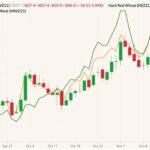 CBOT December 2021 wheat (candlesticks) with K.C. December 2021 wheat (orange line) and MGEX December 2021 wheat (green line, left column). (Barchart)