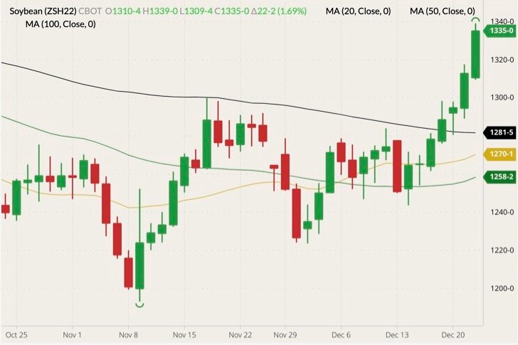 CBOT March 2022 soybeans (candlesticks) with 20-, 50- and 100-day moving averages (yellow, dark green and black lines). (Barchart)

