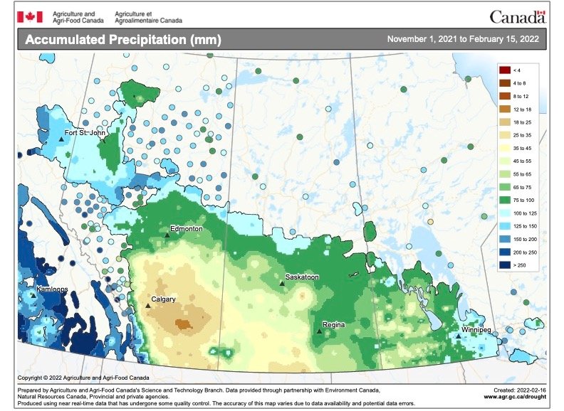 Accumulated precipitation in Western Canada from Nov. 1 to Feb. 15. (AAFC)
