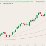 CME June 2022 lean hogs (candlesticks) with 20-, 50- and 100-day moving averages (pink, brown and dark red lines). (Barchart)