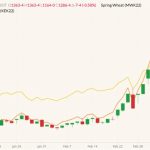 CBOT May 2022 wheat (candlesticks) with MGEX May 2022 spring wheat (yellow line) and K.C. May 2022 wheat (orange line). (Barchart)