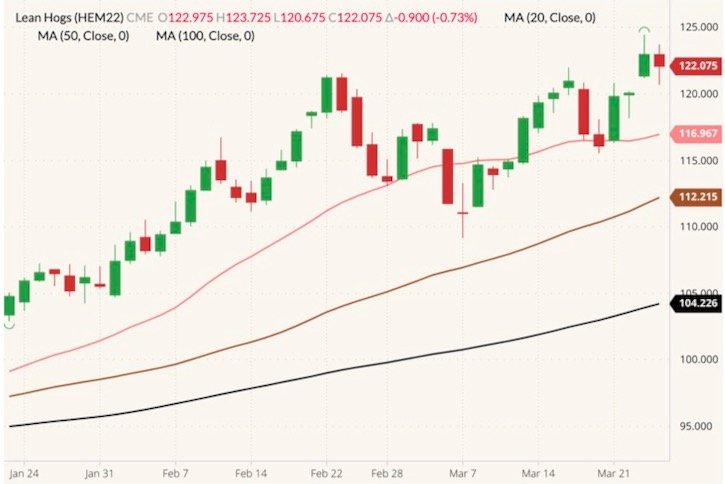 CME June 2022 lean hogs (candlesticks) with 20-, 50- and 100-day moving averages (pink, brown and black lines). (Barchart)

