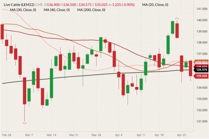 CME June 2022 live cattle (candlesticks) with 20-, 30-, 40- and 200-day moving averages (pink, brown, dark red and black lines). (Barchart)
