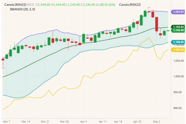 ICE July 2022 canola (candlesticks) with Bollinger bands (20,2) and November 2022 canola (yellow line). (Barchart)
