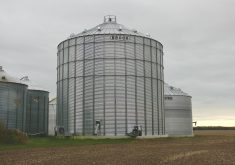 A large storage bin with two centrifugal fans mounted through the sidewall. This bin has numerous vents around the roof to help with aeration. The vents are placed about two metres (six ft.) back from the eave of the roof.
